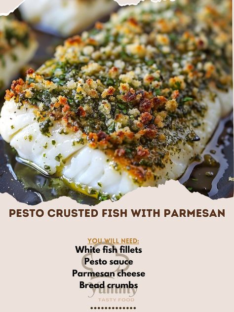 🐟 Try our Pesto Crusted Fish with Parmesan! A deliciously herby and cheesy delight. 🌿🧀 #GourmetFish #PestoPerfection Pesto Crusted Fish with Parmesan Ingredients: White fish fillets (4, your choice) Pesto sauce (1/2 cup) Grated Parmesan cheese (1/4 cup) Bread crumbs (1/4 cup) Olive oil (2 tbsp) Salt and pepper (to taste) Instructions: Preheat oven to 375°F (190°C). Mix pesto, Parmesan, and bread crumbs. Brush fish with olive oil, season with salt and pepper. Top with pesto mixture and bak... Pesto Fish, Crusted Fish, Fish Fillets, White Fish, Grilled Fish, Pesto Sauce, Basil Pesto, Fish Fillet, Grated Parmesan Cheese