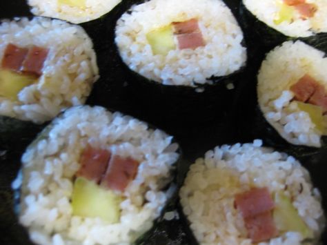 Spam Sushi Maki Rolls Spam Sushi, Maggi Seasoning, Maki Rolls, Cooked White Rice, Sushi Roll Recipes, Sushi Dinner, Hawaiian Dishes, Canned Meat, Cooking White Rice