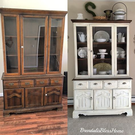 Found this cute China cabinet in the thrift store. After 2 days this is the end result I use valspar chalk paint from lowes Old China Cabinet, China Cabinets And Hutches, China Cabinet Redo, China Cabinet Makeover, Painted China Cabinets, Antique China Cabinets, Redo Cabinets, Hutch Makeover, Dining Room Hutch