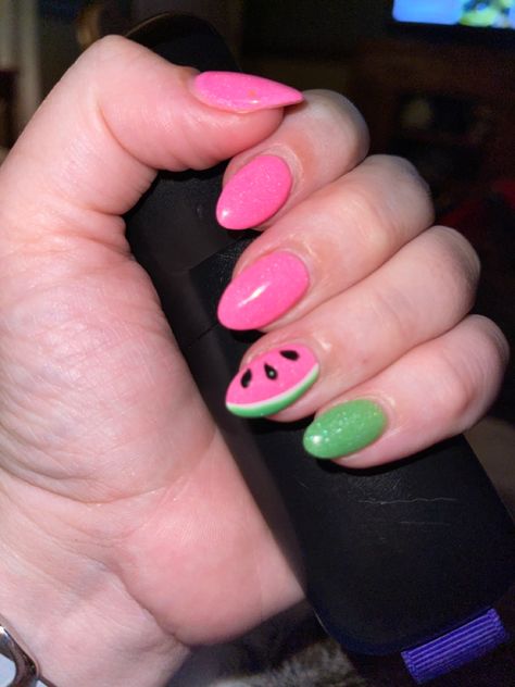 Watermelon Almond Nails, Watermelon Nails Acrylic, Sns Nails Colors Summer, Nails With Watermelon, Watermelon Nails Design, Simple Summer Nails Almond, Watermelon Nail Designs, Watermelon Nail, Sns Nails Designs