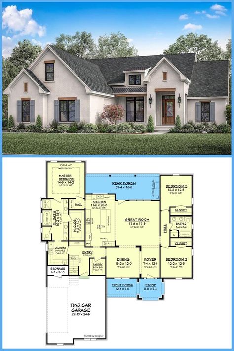 Brick And Board And Batten Exterior, Painted Brick Exterior, Classic House Plans, American Style House, Board And Batten Exterior, Hotel Floor Plan, American House Plans, Porch House Plans, American Farmhouse