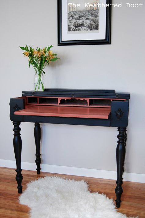 A Black and Salmon Spinet Desk – The Weathered Door Spinet Desk, Antique Secretary Desks, Leave Alone, Revamp Furniture, Antique Writing Desk, Desk Makeover, Teal Blue Color, Blue Living Room, Diy Furniture Projects