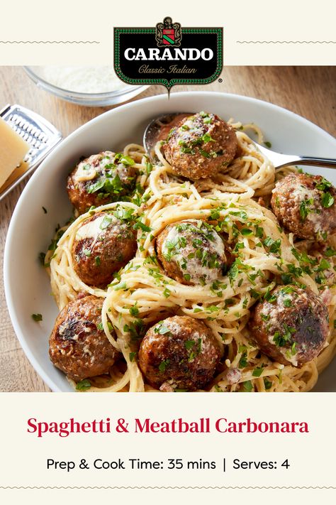 Photo of a bowl of spaghetti with meatballs. Below, text reads Spaghetti & Meatball Carbonara. Prep & cook time is 35 minutes, and the recipe serves 4. Spaghetti And Meatball Carbonara, Delicious Food Recipes Easy, Best Pasta Carbonara Recipe, Best Spaghetti Meatball Recipe, Meatball Carbonara, Spagetti And Meatball Recipe Best, Fresh Meatballs, Quick Carbonara Recipe, Turkey Meatball