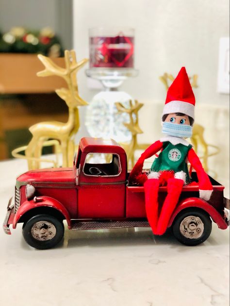 This is one of the poses I did for my siblings back in 2020.. as you can tell by the face mask 😅. I purchased this red farmers truck from hobby lobby. His little starbucks outfit was hand made and gifted to us. ❤️💚❤️ #elfontheshelf #christmas #starbucks #redtruck Starbucks Outfit, Christmas Starbucks, Elf On The Shelf Ideas, Red Truck, Shelf Ideas, On The Shelf, Hobby Lobby, Elf On The Shelf, Lobby