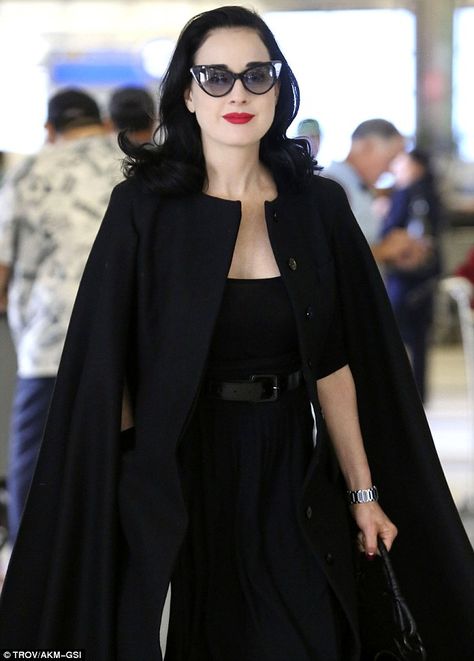 Dita Von Tees, Dita Von Teese Style, Dita Von Tease, Caped Crusader, Lax Airport, Classy Lady, Black Cape, Elegant Feminine, Dita Von