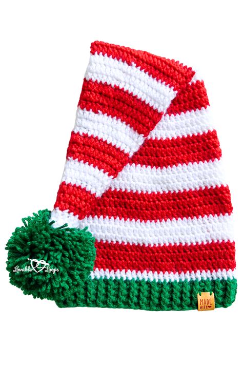 Free and easy classic crochet elf hat pattern in 6 sizes, featuring a striped design for kids, babies, and adults. Quick and simple to make! Crochet Elf Hat Pattern Free, Crochet Snowglobe, Crochet Hamburger, Elf Hat Pattern, Crochet Tooth, Crochet Elf Hat Pattern, Cake Crochet, Crochet Elf Hat, Bernat Super Value Yarn