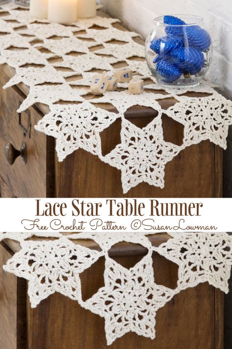 12 Christmas Table Runner Free Crochet Patterns - DIY Magazine Crochet Snowflake Table Runner Free Pattern, Crochet Star Placemat, Crochet Christmas Runner, Crochet Table Runner Christmas, Crochet Christmas Table Runner, Knit Table Runner, Star Table Runner, Amish Lifestyle, Crochet Star Patterns