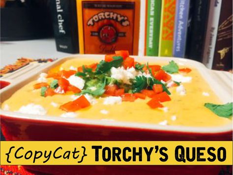 {CopyCat} Torchy's Queso  1 cup fire roasted salsa (We used Brother's) 1 (4 ounce) can Hatch chopped green chiles 1 pound Velveeta cheese, cubed 2.5 tablespoons heavy cream Torchy's Diablo Sauce (or other hot sauce like Cholula or Valentina's) guacamole (our recipe) 1-2 tablespoons Queso Fresco cheese 1 tablespoon chopped cilantro 1 tablespoon chopped Roma tomato Torchys Queso, Torchy's Queso Recipe, Torchys Queso Recipe, Chips And Queso, Potato Chip Recipes, Queso Recipe, Food Day, Chips Recipe, Ultrasonic Cleaner