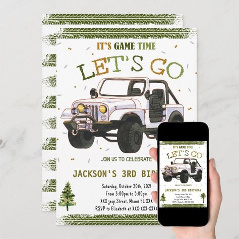 Jeep Birthday Party Ideas, Jeep Birthday Party, Jeep Birthday, Birthday Invitations Zazzle, Vintage Jeep, 3rd Birthday Cakes, Monster Jam, Dune Buggy, Birthday Printables