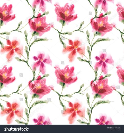 Watercolor Flowers Seamless Pattern Hand Painted Stock Illustration 594703232 | Shutterstock Watercolour Flower Pattern, Watercolor Flowers Pattern Backgrounds, Watercolor Allover Pattern, Pink Watercolor Background Floral Prints, Watercolor Flower Allover, Image Illustration, Flower Drawing, Watercolor Flowers, Stock Illustration