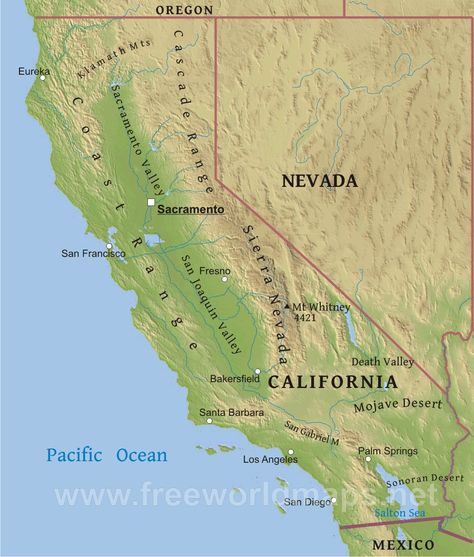 Free World Maps Homeschool Art Projects, Nevada Map, Map Of California, Us Geography, Sierra Mountains, Geographical Features, Spring Break Destinations, Bakersfield California, Physical Map