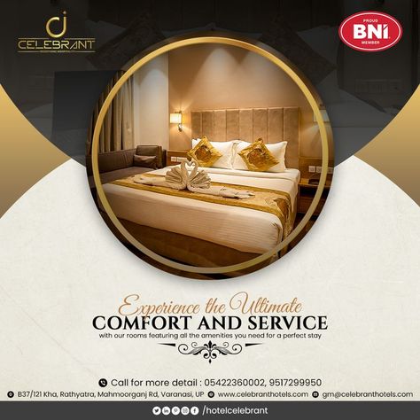 Experience unparalleled hospitality and service in our premium hotel rooms. Email Us : gm@celebranthotels.com Call Us : +91-9517-299-951 Website : http://celebranthotels.com #celebranthotel #celebrant #varanasihotel #varanasi #hotelinvaranasi #besthotel #luxurioushotel #luxury #banaras #luxurious #varanasihotels #varanasitaycation #comfort #bestrestaurant #bestfood #food #explore #travel #travelvaranasi #tourist #staycation #hotel #banaras #kashi Hotel Marketing Design, Staycation Hotel, Hotel Advertisement, Restaurant Graphics, Dental Advertising, Art Deco Design Graphics, Furniture Graphic, Hotel Ads, Hotel Card