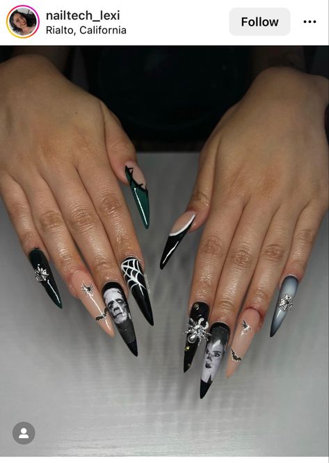 Frankenstein and The Bride Bride Of Frankenstein Decorations, Frankinstine Nails, Bride Of Frankenstein Nails Art, Frankenstein Nails Acrylic, Bride Of Frankenstein Nails, Frankenstein Nail Art, Gore Nails, Frankenstein And The Bride, Frankenstein Nails