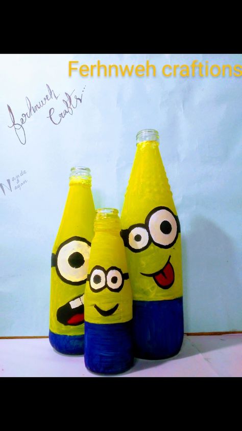 For more updates follow me on insta👉ferhnweh 369 Minion Painting, Painted Glass Bottles, Old Glass Bottles, Painting On Glass, Glass Painting, Glass Bottle, Glass Bottles, Bottles Decoration, Follow Me