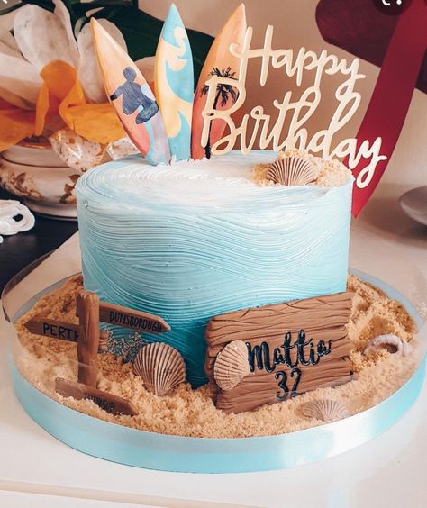 Waves Birthday Cake, Surf Themed Cake, First Wave Birthday Cake, Beach Theme Cake For Men, Surfing Cake Ideas, Surf Cakes Birthday, Surfer Cake Ideas, Surf Cake Ideas, The Big One Surf Birthday Cake