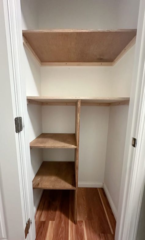 diy closet shelves - My French Twist Hall Closet Shelving Ideas, Small Closet Shelving, Diy Closet Shelves, Building Shelves, Closet Shelving, Closet Pantry, Utility Closet, Laundry Room Closet, Closet Shelf Organization