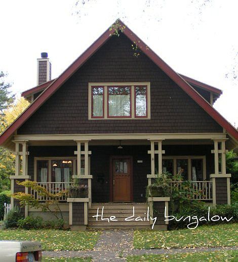 This bungalow home is actually new. Built as infill in 1996, it had to be approved by The Ladd's Addition Historic District Advisory board. Since it is visible from Ladd's Circle, it was very important that it meet the guidelines.  Bungalow Style Brown House Exterior, House Bungalow, Best Exterior Paint, Bungalow Exterior, Craftsman Exterior, Bungalow Homes, Cottages And Bungalows, Brown House, Vintage House Plans