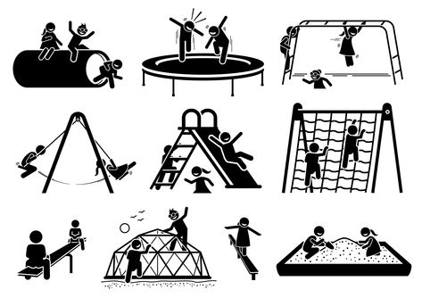 Active children playing at playground stick figures icons. Vector illustrations of kids playing trampoline, monkey bar, swing, slide, climbing net, seesaw, tunnel, and sand box. recreational; leisure; running; kindergarten; holiday; cheerful; games; laugh; activities; sandbox; summer; spring; preschool; active; outside; outdoor; friendship; friends; park; childhood; happy; sand pit; sandpit; balancing beam; see saw; seesaw; net; slide; swing; monkey bar; climbing; tunnel; tube; jumping; trampoli Natural Playscapes, Monkey Bar, School Playground, Monkey Bars, Children Playing, Stick Figure, Trampolines, Sandbox, Stick Figures