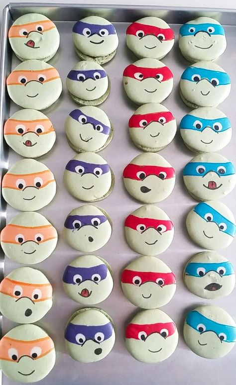 TMNT Macarons Ninja Turtle Macarons, Macaron Ideas, Custom Macarons, Macaron Cookies, Ninja Turtle Birthday, Turtle Birthday, Ninja Turtle, Cookie Cake, Test Kitchen