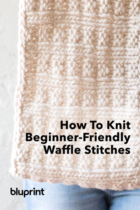 Waffle Stitch Blanket Free Pattern, Knit Waffle Stitch, Miniature Breakfast, Easy Scarf Knitting Patterns, Blanket Squares, Easy Blanket, Knitted Blanket Squares, Beginner Knitting, Knitting Stitches Tutorial