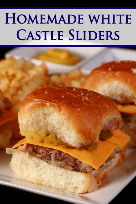 "A plate of 3 copycat white castle burgers on a plate with crinkle cut fries. White Castle Burgers Copycat, Copycat White Castle, Homemade White Castle Burgers, White Castle Sliders Recipes Copycat, Homemade White Castle Sliders, Copycat White Castle Sliders, Whitecastle Burgers, White Castle Sliders Recipes, Copycat Burger Recipes