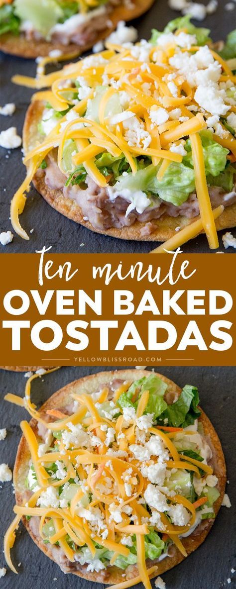 Crunchy 10 Minute Oven Baked Tostadas take minutes to make and are better for you than frying. Easy meal any night of the week and perfect for Cinco de Mayo! Baked Tostadas, Tostada Shells, Tostada Recipes, Taco Night, Summer Dinner, Quesadillas, Easy Weeknight Meals, Mexican Dishes, Fresh Veggies