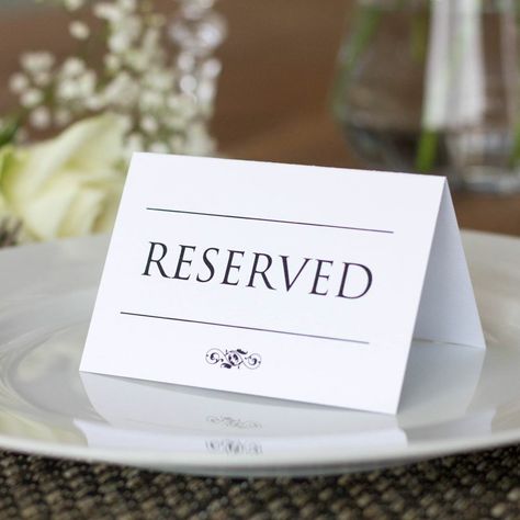 Product Information Reserved Wedding Card Set | Traditional Table Church Decoration Place Cards x4 Click on the Image to Enlarge zoom_in DESCRIPTION These tent fold cards are ideal for using at weddings or functions, whether its to reserve a pew or chairs or at the wedding table. The cards are printed on a lovely quality card 300 gsm, with a slightly textured feel in a traditional style with black text. Each card measures 10.5cm wide and 7cm high when folded. Each set contains 4 signs with the w Reserved Seating Sign, Seating Sign Wedding, Reserved Table Sign, Reserved Table Signs, Table Labels, Reserved Seating, Seating Sign, Wedding Photo Props, Reserved Signs