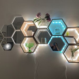 Hexagon Mirror Design, Boujee Room, Corner Shelf Design, Hexagon Mirror, Honeycomb Shelves, Geometric Shelves, Tropical Bedrooms, Hexagon Shelves, Wooden Wall Shelves