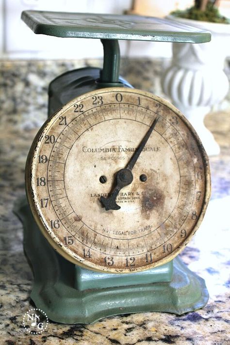 Decorating with Heirlooms: Vintage Scale | Noting Grace How To Decorate With Old Kitchen Scales, Antique Scale Decor Display, Decorating With Vintage Scales, Old Scales Decorating With, Antique Scales Decor, Scale Decorate Ideas, Vintage Scales Decor Display, Vintage Scale Decor, Farmhouse Antique Decor