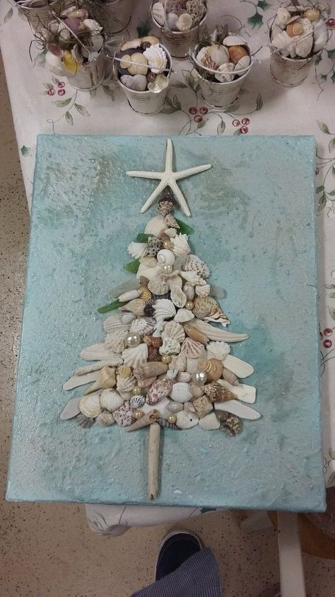 Seashell Trees Seaglass On Canvas, Florida Ornaments, Displaying Shells, Seashell Trees, Textural Background, Saw Dust, Coastal Crafts, Oyster Shell Crafts, Holiday Trees