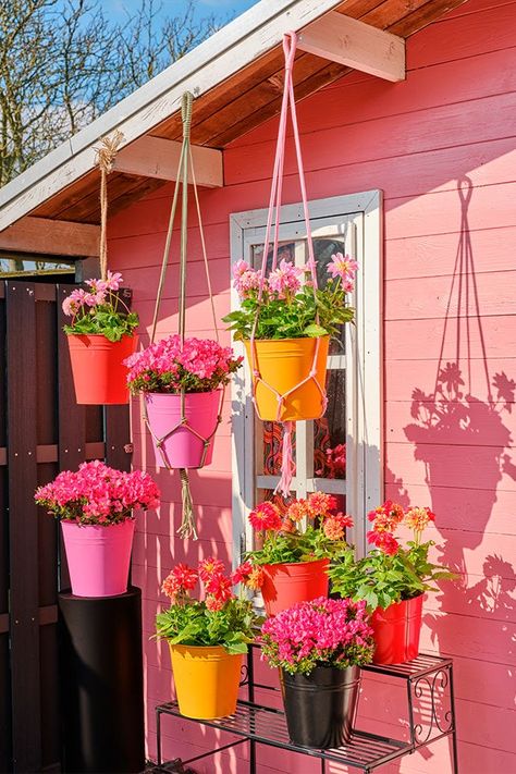 Cute Simple Garden Ideas, Cute Planting Ideas, Outdoor Colorful Decor, Colorful Garden Aesthetic, Bright Garden Ideas, Pastel Garden Decor, Maximalist Front Porch, Pastel Garden Ideas, Garden Aestethic