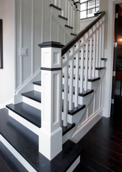 redo bottom step, flat front on runners, new post, and color combo of railing and post Transitional Staircase, White Staircase, White Stairs, Traditional Staircase, Stairs Makeover, Staircase Remodel, Staircase Makeover, Stair Remodel, Stairway Design