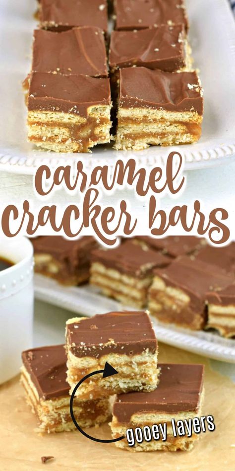 Decadent peanut buttery bars made with cracker crumbs are oozing with rich caramel and chocolate! Caramel Cracker Bars are just the treat to bring a little bit of sweetness to your day. Cracker Caramel Chocolate Bars, Club Cracker, Cracker Dessert, Deserts Recipes, Caramel Dessert, Club Crackers, Deserts Easy, Butter Brownies, Yummy Deserts