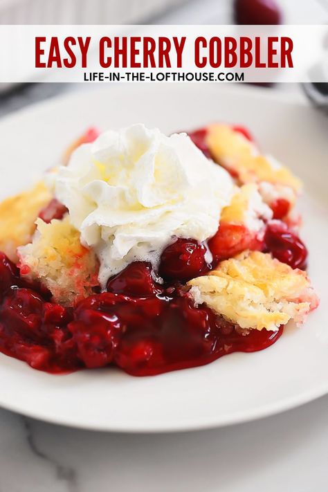 Cherry Cobbler has a biscuit and cake-like crust over a bed of warm cherry pie filling. Serve it with fresh whipped cream for an incredible dessert after dinner. Easy Cherry Cobbler, Cherry Cobbler Recipe, 3 Ingredient Cakes, Canned Pumpkin Recipes, Canning Cherry Pie Filling, Canned Cherries, Lemon Pudding, Cherry Cobbler, Cherry Pie Filling