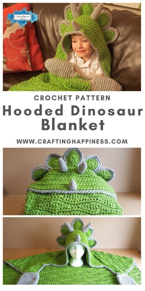 Hooded Dinosaur Blanket is a crochet pattern for a full-body blanket with a hood that folds into a dinosaur pillow. Make this hooded dinosaur blanket with the easy crochet pattern from Crafting Happiness. The crochet pattern comes in adult and child sizes. #crochetblankets #crochetafghans #crochetstitches #crochetpatterns #crochetanimals #crochetforchildren #crochetprojects #crochetbaby #hoodedblankets #crochet Dinofour Birthday, Crochet Blanket Boy, Crochet Blanket Sizes, Crazy Crochet, Blankets Crochet, Dinosaur Blanket, Afghans Crochet, Kids Blanket, Crocheted Blanket