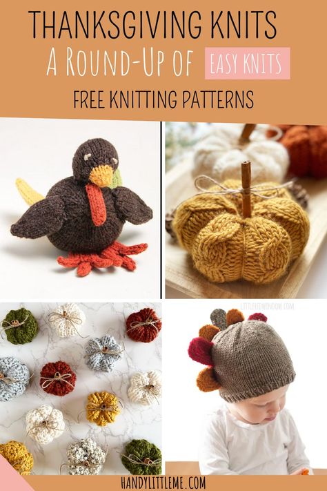 Thanksgiving knits include pumpkins, acorns, and turkeys. Make something for the occasion with one of these free knitting patterns. Knitting Leaves, Knitted Pumpkins, Halloween Knitting Patterns, Knit Pumpkins, Pumpkin Patterns Free, Halloween Knitting, Fall Knitting Patterns, Crochet Leaf, Happy Harvest