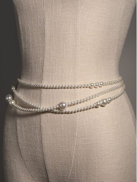 1pc Women's White Faux Pearl Waist Chain For Dress Decoration, Fashionable And Elegant Waist Belt For Daily Use PartyI discovered amazing products on SHEIN.com, come check them out! Female Harness, Pearl Waist Chain, Body Belt, Harness Fashion, Dress Decoration, Birthday Fits, Chain Dress, Belly Jewelry, Beaded Belt