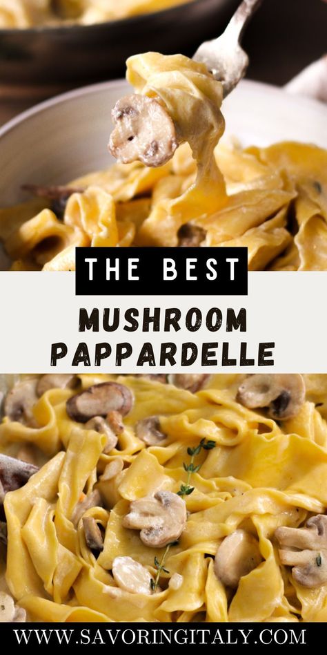 Cozy up with this Creamy Mushroom Pappardelle (Pappardelle con Funghi), where wide ribbons of pappardelle are smothered in a luscious mushroom sauce. With hints of garlic, a splash of cream, fresh herbs, and a generous sprinkle of Parmigiano Reggiano, it's a quick and comforting dish, ready in just 20 minutes for an easy yet indulgent dinner. Mushroom Parpadelle Recipes, Indulgent Dinner, Mushroom Pappardelle, Pappardelle Pasta Recipe, Pappardelle Recipe, Pappardelle Pasta, Creamy Mushroom Pasta, Garlic Uses, Cream Fresh