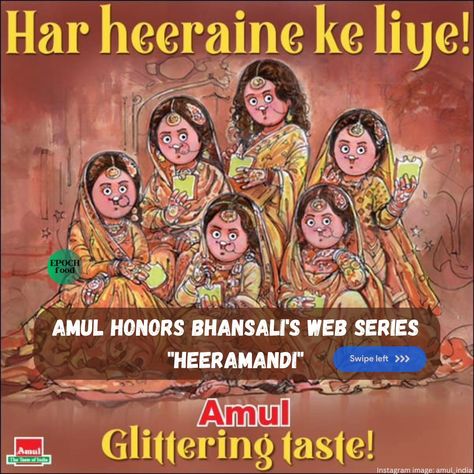 Read caption for the news 👉Amul honors Bhansali's web series "Heeramandi". Amul India released a new advertisement to pay tribute to Sanjay Leela Bhansali's web series "Heeramandi". The series is set in pre-Partition India and explores the lives of courtesans. "Heeramandi" has been successful, ranking second on the Non-English TV List on Netflix. Amul's ad features the female cast of the show enjoying bread and butter together. The ad highlights the themes and characters of the show in a li... Read Caption, Sanjay Leela Bhansali, New Advertisement, Bread And Butter, Web Series, Instagram Images, Highlights, Butter, It Cast