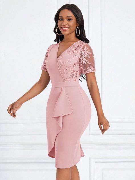 Embroidered Mesh Panel Ruffle Trim Bodycon Dress Pink Elegant  Short Sleeve Knitted Fabric Plain Bodycon,Fitted Medium Stretch  Women Clothing, size features are:Bust: ,Length: ,Sleeve Length: Classy Wedding Guest Dresses, Evening Dress Outfit, Elegant Summer Dresses, Body Con Dress Outfit, Sequin Sleeve, Vestidos Color Rosa, Lace Bodycon Dress, Slim Fit Dresses, Classy Dress Outfits