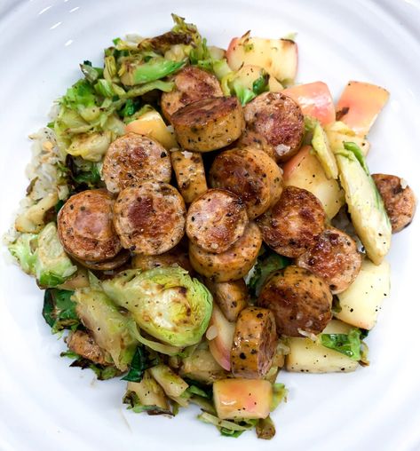 Chicken Sausage, Brussels Sprouts, Apple + Cauliflower Rice Bowls - The Savvy Spoon Chicken Sausage Recipes, Shaved Brussel Sprouts, Sausage Rice, Chicken Apple Sausage, Rice Bowls Recipes, Honeycrisp Apples, Chicken Sausage, Healthy Eating Recipes, Sausage Recipes