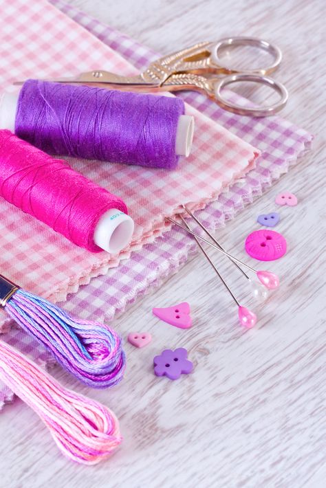 Sewing items with a check fabrics, buttons, thread and pin… | Flickr Yarn Aesthetic, Sewing Aesthetic, Sewing Photography, Purple Yarn, Cole And Son Wallpaper, Embroidery Tshirt, Sewing Business, Girl Dress Patterns