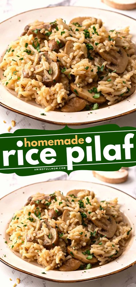 When you need a flavorful, yet easy side dish turn to this recipe for Homemade Rice Pilaf. Made with toasted rice, earthy mushrooms, and a homemade blend of spices, this Rice Pilaf Recipe is buttery, nutty, and insanely delicious! Mushroom Pilaf Rice, Wild Rice Pilaf Recipe Easy, Rice Pilaf With Mushrooms, Rice With Mushrooms Side Dishes, Spinach Rice Pilaf, Rice And Mushrooms Side Dish, Rice Pilaf Recipe Easy Instant Pot, Rice With Mushrooms And Onions, Easy Rice Pilaf Recipe