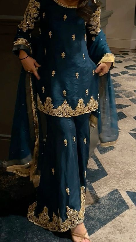 #fashion #outfits #dress #casualdress #fashiondress #indiandress #indianoutfits Pakistani Suits Eid, Dark Blue Pakistani Dress, Pakistani Hijabi Outfit, Dark Blue Sharara, Blue Pakistani Suit, Traditional Pakistani Dresses, Hindi Fashion, Culture Outfits, Eid Clothes