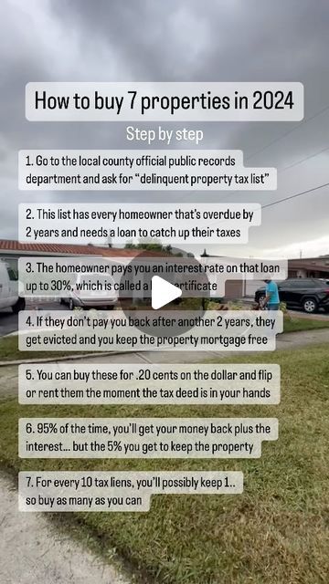 Richard Garcia on Instagram: "No interest rates… no creative financing.. no mortgage  Just pure tax liens that either pay you interest or pay you in property at default  This is exactly how I bought my first property and how I still continue buying properties when my capital is low  The most qualified investor for these deals is someone with extra income… not someone scraping pennies together.   Investing always comes with risks and with tax liens, the main risk is waiting for the repayment to come in or the tax deed to be issued" Tax Lien Investing, Real Estate Investing Rental Property, First Property, Real Estate Training, Money Saving Methods, Startup Business Plan, Money Strategy, Business Marketing Plan, Small Business Advice