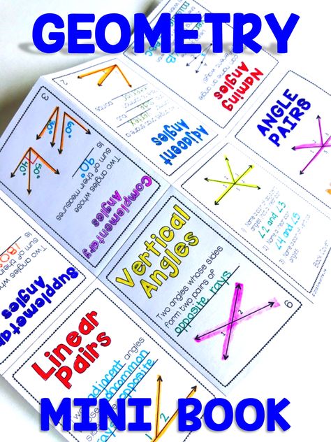 Review geometry angle pairs with this fun mini book. Includes naming angles, complementary angles, supplementary angles, linear pairs, adjacent angles, and vertical angles. Adjacent Angles, High School Geometry, Angle Pairs, Geometry Angles, Complementary Angles, Supplementary Angles, Springbok Rugby, High School Math Classroom, Geometry High School