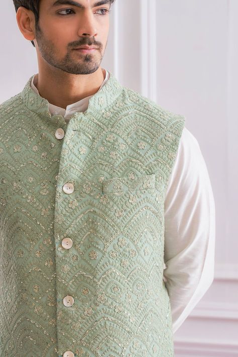 Mehendi Clothes For Men, Plain Kurta Design For Men, Indian Jacket For Men, Mens Nehru Jacket Style, Mint Green Kurta Men, Green Nehru Jacket Men, Kurta Nehru Jacket Men, Mehendi Kurta For Men, Kurta And Jacket For Men