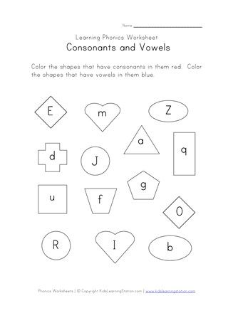 Practice the ability to recognize consonants and vowels by coloring in the shapes that have consonants one color and vowels a different color. Consonants And Vowels, Phonics For Kids, Kindergarten Phonics Worksheets, Vowel Worksheets, Learning Phonics, Kindergarten Language Arts, Kindergarten Worksheets Printable, Printable Math Worksheets, Phonics Kindergarten