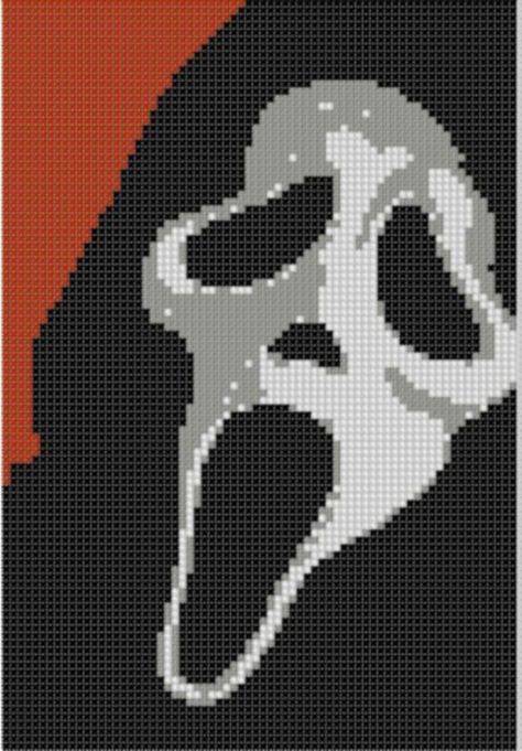 What's your favorite scary movie? Scream Cross Stitch Pattern, Scream Cross Stitch, Pixel Art Pattern Halloween, Horror Cross Stitch, Graph Crochet, Halloween Cross Stitch Patterns, Pixel Crochet, Pixel Art Grid, Halloween Cross Stitches