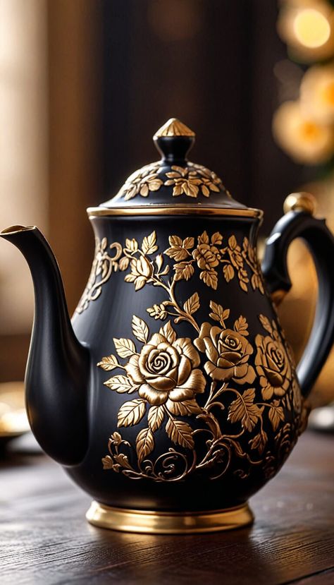 Magnificent delicate black china teapot engraved with gold roses - AI creation Black Teapot, Tea Business, Black China, China Teapot, Gold Roses, Fantasy Decor, Coffee Chocolate, Chocolate Pots, Chocolate Coffee